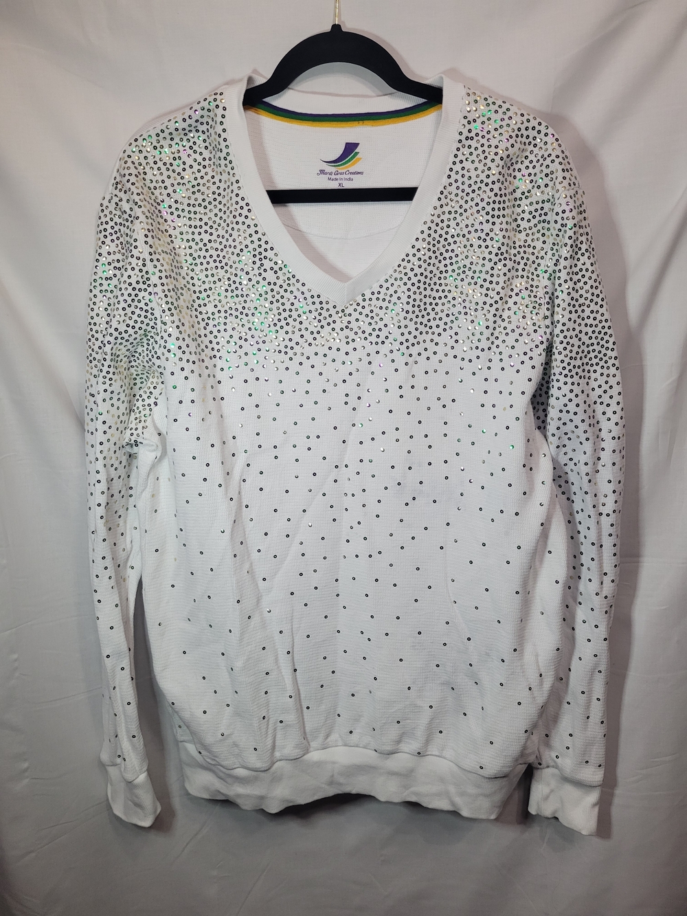 Mardi Gras Ladies White V-Neck Sweater - Purple, Green, Gold Sequins